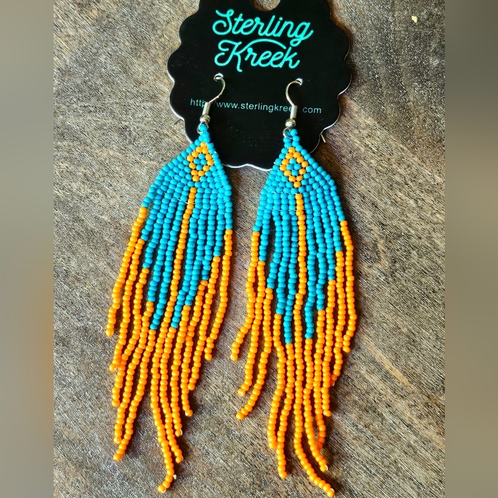 NWT Blue and Orange Boho Beaded Tassel Earrings